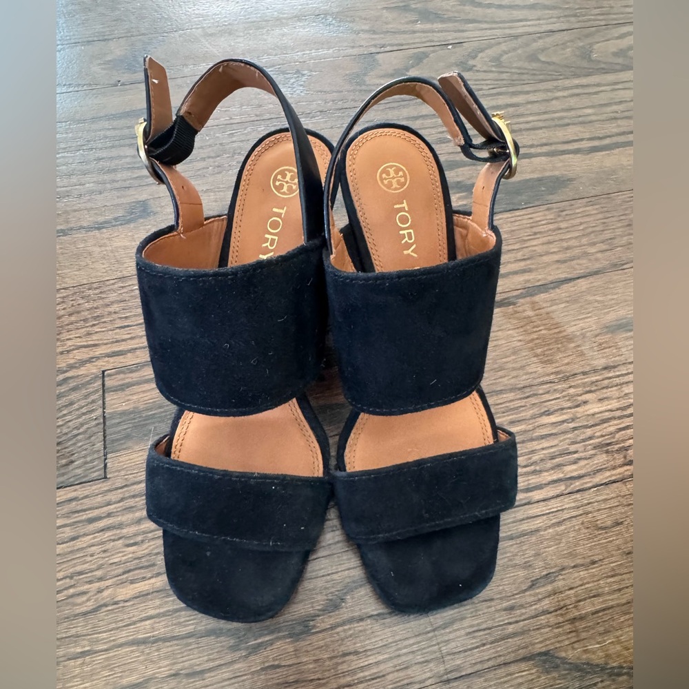 Tory Burch Shelby Black Suede Double-Strap Block Heel Sandals